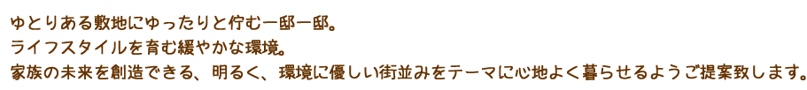 ゆとりある敷地にゆったりと佇む一邸一邸。ライフスタイルを育む緩やかな環境。家族の未来を創造できる、明るく、環境に優しい街並みをテーマに心地よく暮らせるようご提案致します。